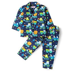 Babyhug Cotton Woven Full Sleeves Night Suit With Vehicle Print - Navy Blue
