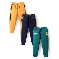 Babyhug Single Jersey Knit Full Length Lounge Pant Text Print & Tape Detailing Pack Of 3 - Yellow Navy & Green