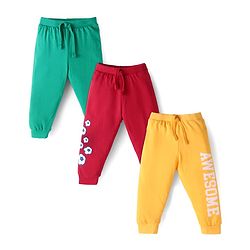 Babyhug Single Jersey Full Length Track Pant with Football Print Pack of 3 - Green Red & Yellow