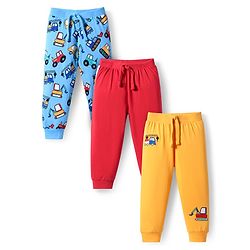 Babyhug Cotton Knit Full Length Lounge Pants with Vehicle Print Pack of 3 - Blue Red & Yellow