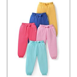 Babyhug Cotton Knit Full Length Brand Text Printed Lounge Pants with Bow Applique Pack of 5 - Pink Blue & Yellow