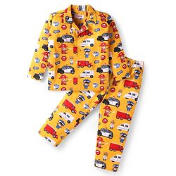 Babyhug Cotton Woven Full Sleeves Night Suit With Vehicle & Teddy Bear Print - Orange