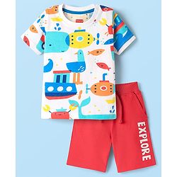 Babyhug Single Jersey Knit Half Sleeves T-Shirt and Shorts Set with Sea Life Print - White & Red
