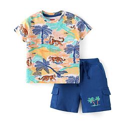 Babyhug Single Jersey Knit Half Sleeves Jungle Print T-Shirt & Shorts Set - Blue
