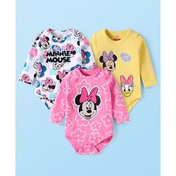 Babyhug Disney Interlock Knit Full Sleeves Onesies with Minnie Mouse Graphics Pack of 3 - White Pink & Yellow