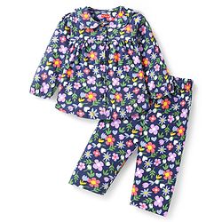 Babyhug Cotton Knit Full Sleeves Night Suit With Floral Print & Peter Pan Collar - Navy Blue