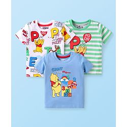 Babyhug Disney Single Jersey Knit Half Sleeves T-Shirts with Stripes & Winnie the Pooh Graphics Pack of 3 - White Light Green & Blue