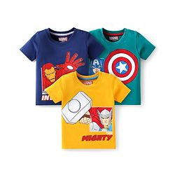 Babyhug Marvel Single Jersey Knit Half Sleeves T-Shirts with Avengers Graphics Pack of 3 - Blue Green & Yellow