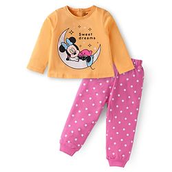 Babyhug Disney Single Jersey Knit Full Sleeves Night Suit With Minnie Mouse Graphics - Orange & Pink