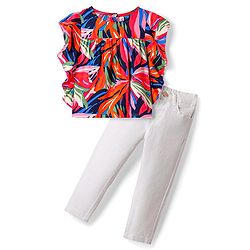 Babyhug Rayon Woven Flutter Sleeves Printed Top & Solid Denim Jeans Set - Red & White