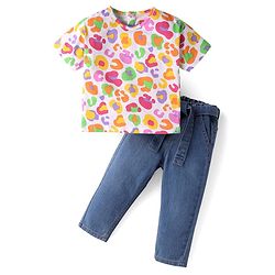 Babyhug Single Jersey Knit Half Sleeves Printed Top & Solid Denim Jeans Set - White & Blue