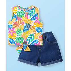 Babyhug Single Jersey Knit Sleeveless Top & Denim Shorts Set With Leaf Print - White & Blue