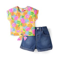 Babyhug Single Jersey Knit Half Sleeves Tropical Theme Printed Top & Solid Denim Shorts Set - Yellow & Blue