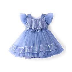 Babyhug Woven Frill Sleeves Fit & Flare Party Dress with Sequinned Yoke & Bow Applique - Blue