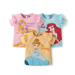 Babyhug Disney Single Jersey Knit Frill Sleeve Top With Disney Princesses Graphic Pack Of 3 - Light Blue Pink & Yellow
