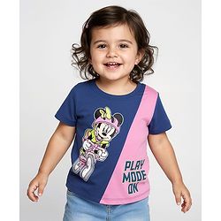 Babyhug Disney Single Jersey Knit Half Sleeve Cut & Sew T-Shirt With Minnie Mouse Graphic - Pink & Navy Blue