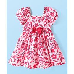 Babyhug Poplin Woven Half Puffed Sleeves Frock with Bow Applique & Floral Print - Dark Pink