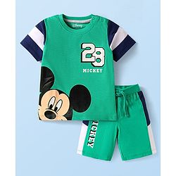 Babyhug Disney Single Jersey Knit Half Sleeves Cut & Sew T-Shirt & Shorts Set with Mickey Mouse Graphics - Green