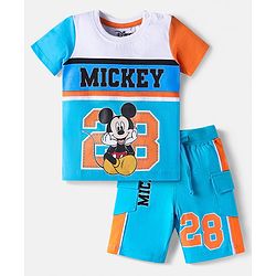 Babyhug Disney Single Jersey Knit Half Sleeve Cut & Sew Shorts Night Suit With Mickey Mouse Graphic - Light Blue