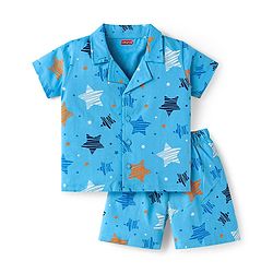 Babyhug Cotton Knit Half Sleeves Front Open Co-ords Shorts Night Suit with Stars Print - Blue