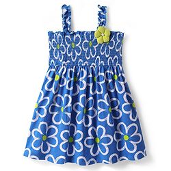 Babyhug Single Jersey Knit Singlet Sleeves Floral Printed Frock with Smocking Detailing & Floral Applique - Blue