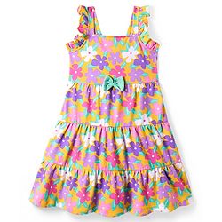 Babyhug Single Jersey Knit Frill Sleeves Frock with Floral Print - Pink Purple & Mustard