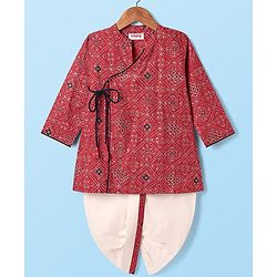 Babyhug Cotton Woven Full Sleeves Bandhani Printed Dhoti Kurta Set - Maroon