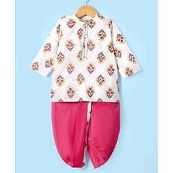 Babyhug Cotton Woven Full Sleeves Dhoti Kurta Set With Floral Print - White