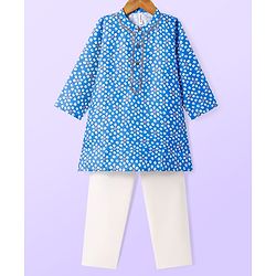 Babyhug Cotton Woven Full Sleeves Kurta & Pyjama Set With Bandhani Print with Embroidery - Blue