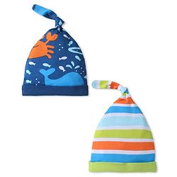 Babyhug Interlock Knit Caps With Sea Animals Print Pack of 2 - Navy Blue & Green