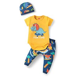 Babyhug 100% Cotton Knit Half Sleeves Onesies With Stripes & Animal Print Pack of 3 - Blue Red  & Yellow