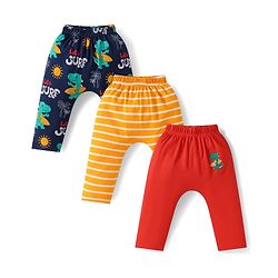 Babyhug Cotton Interlock Knit Full Length Diaper Leggings with Dino Print Pack of 3 - Red Navy & Yellow