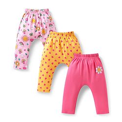 Babyhug Cotton Knit Full Length Diaper Leggings with Floral & Hearts Print Pack of 3 - Yellow & Pink