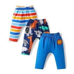 Babyhug Cotton Knit Full Length Diaper Leggings With Stripes & Animal Print Pack Of 3 - Blue & Navy Blue