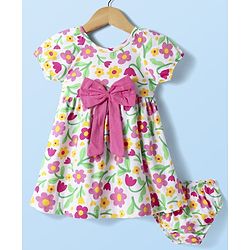 Babyhug Single Jersey Knit Half Raglan Sleeves Floral Printed Frock With Bow Applique & Bloomer - White