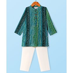 Babyhug Cotton Woven Full Sleeves Kurta Pyjama Set With Foil Bandhani Print - Teal Blue