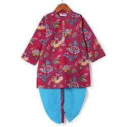 Babyhug Cotton Woven Full Sleeves Floral Printed Kurta Dhoti Set - Fuschia & Blue