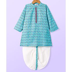 Babyhug Cotton Woven Full Sleeves Kurta Dhoti Set With Floral Print & Embroidery - Light Blue