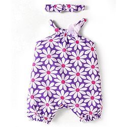Babyhug 100% Cotton Knit Singlet Sleeves Romper with Headband & Floral Print - Purple