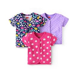 Babyhug 100% Cotton Knit Half Sleeves Front Open Vests With Floral & Polka Dot Print Pack of 3 - Dark Pink Navy Blue & Purple