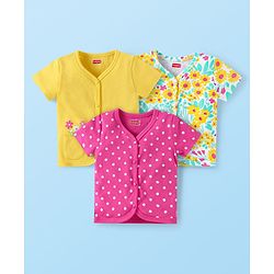 Babyhug 100% Cotton Knit Half Sleeves Front Open Vests with Floral & Polka Dots Print Pack of 3 - Pink Yellow & Mint Green