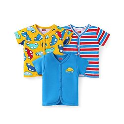 Babyhug 100% Cotton Knit Half Sleeves Front Open Vests With Car Print Pack of 3 - Blue Red & Yellow