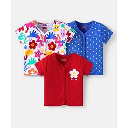 Babyhug 100% Cotton Knit Half Sleeves Front Open Vests with Polka Dots & Floral Print Pack of 3 - Red & Navy Blue