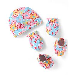 Babyhug Interlock Knit Cap Mittens & Booties Set with Floral Prints White - Diameter 10 cm
