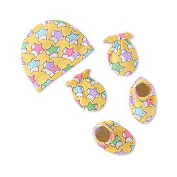 Babyhug Interlock Knit Cap Mittens & Booties Set with Star Prints Yellow - Diameter 9 cm
