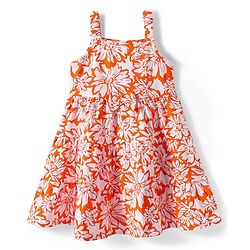 Babyhug Single Jersey Knit Sleeveless Frock with Floral Print & Bow Applique - Orange & White