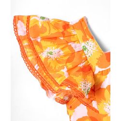 Babyhug Rayon Woven Half Frill Sleeves Top with Headband & Floral Print - Orange