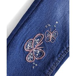 Babyhug Denim Full Length Washed Stretch Jeans With Butterfly Embroidery - Blue