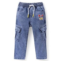 Babyhug Full Length Denim Jeans With W Embroidery & Cargo Pockets - Blue