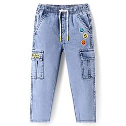Babyhug Full Length Washed Denim Jeans with Smiley Embroidery - Light Blue